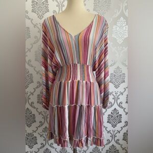 La Miel Hyped Unicorn Striped Tiered V Neck ¾ Sleeves Mini Dress Size Small
